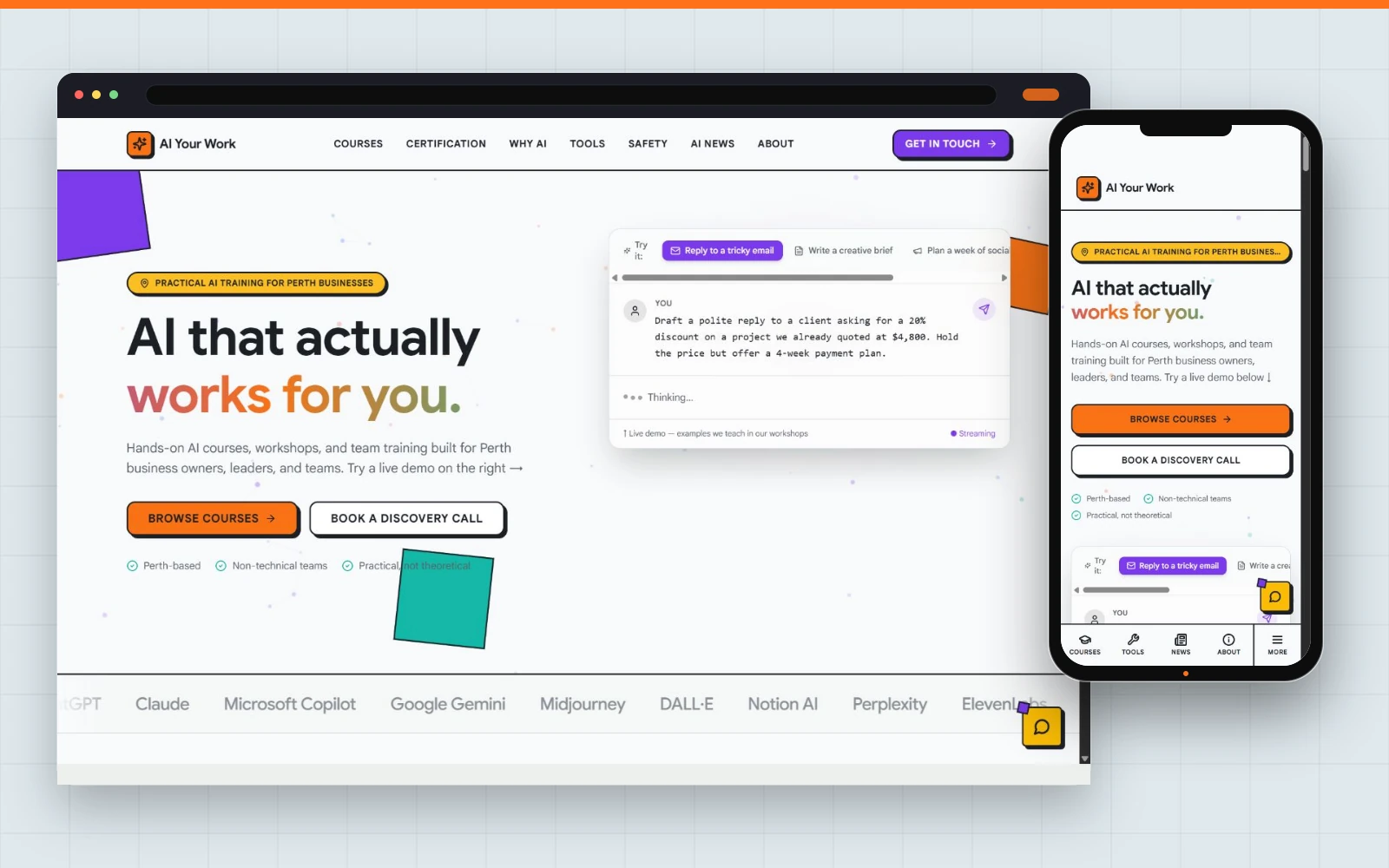 AI Your Work shown in desktop and mobile layouts